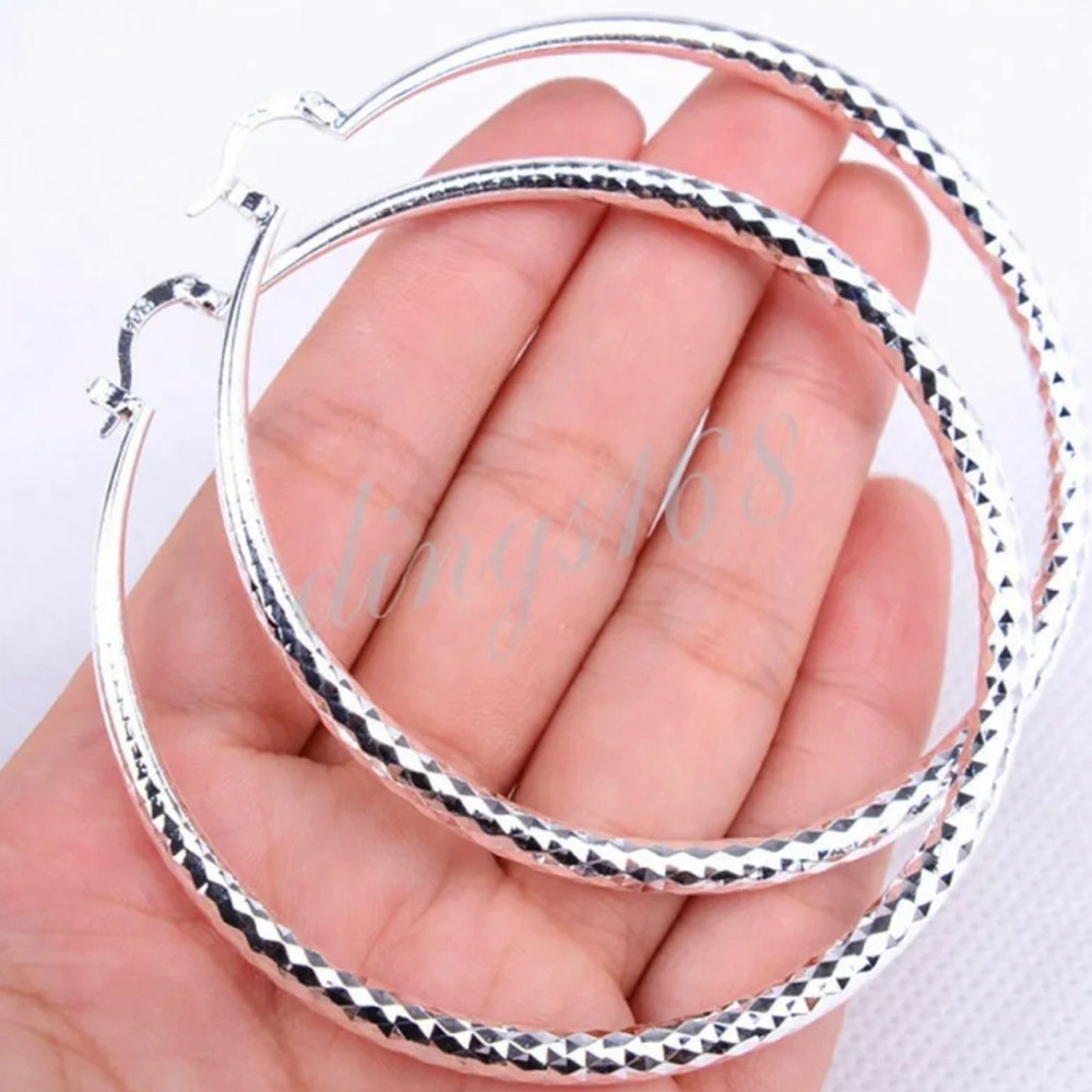 Sterling Silver Sublime Diamond-Cut 70mm Very Large Round Hoop Earrings.